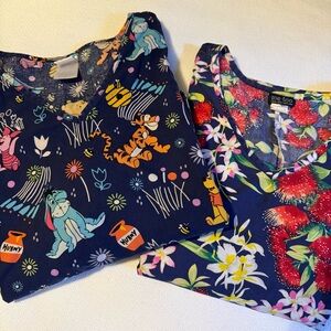 Bundle of 2 XL scrub tops, Disney Winnie the Pooh and Me Too tropical flowers